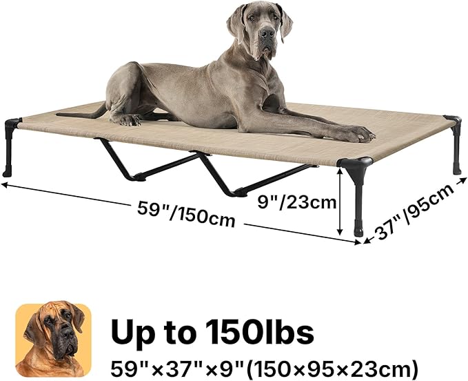 Veehoo Outdoor Elevated Dog Bed Large Sized Dogs, XXL Cooling Raised Dog Cots Beds Training Platform Off Ground Hammock with Breathable Mesh, No-Slip Feet, 59"x37.5", Beige Coffee