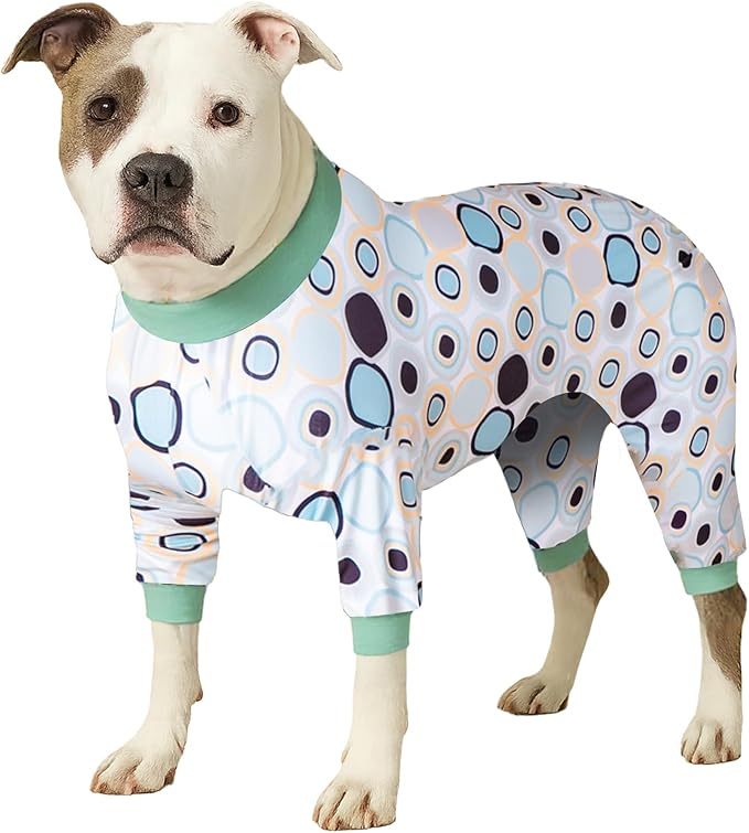 LovinPet Large Dog Pjs - Anti Licking & Anxiety Calming Dog Clothes, All Season Lightweight Stretchy Fit, Bullseye Melon Print, Pet Pajamas for Dogs, Pitbull Clothes, Grey L
