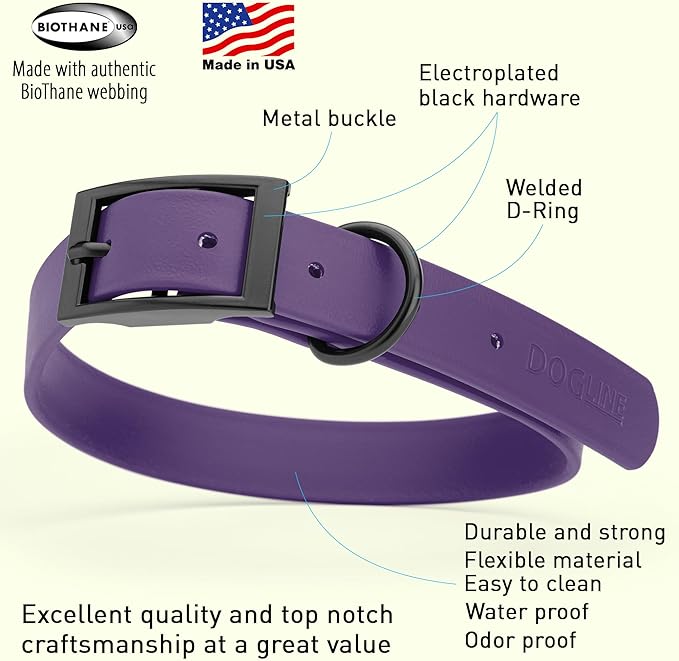 Dogline Biothane Coated Webbing Dog Collar with Black Metal Hardware: Durable Easy-Clean Everyday Collar for Dogs - Comfortable Adjustable Odor-Resistant Pet Collar, W1 x L22-25", Violet Purple