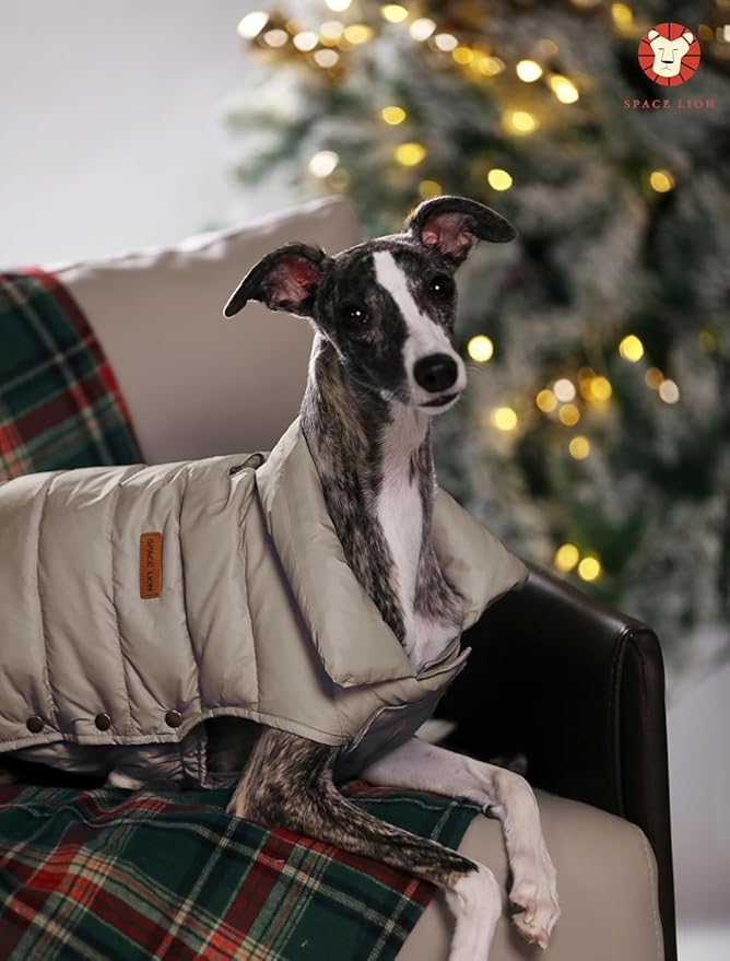 SPACE LION Dog Puffer Jacket, Down Winter Coat, Durable Outdoor Coat for Cold and Windy Conditions, Lightweight & Adjustable Fit Coats for Large Dogs, (Khaki, Size24/2XL)