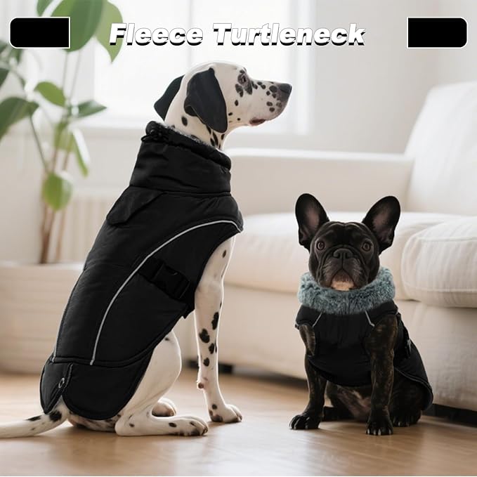 DENTRUN Winter Warm Dog Coat Reflective Jacket with Turtleneck for Cold Weather, Adjustable Buckle Windproof Water Repellent, Thick Snowsuit Fleece Vest for Small, Medium, Large Dogs, Black, M