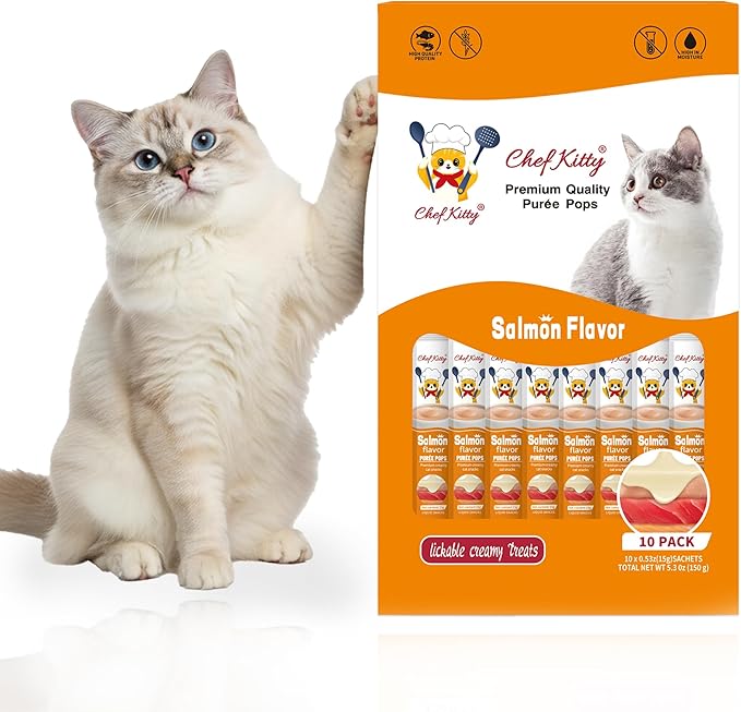 Chef Kitty Purée Pops, Cat Treats, Grain-Free, Lickable, Squeezable Creamy Cat Treat/Topper with Vitamin E & Taurine, 0.5 Ounces Each Tube, 10 Tubes, Salmon Flavor