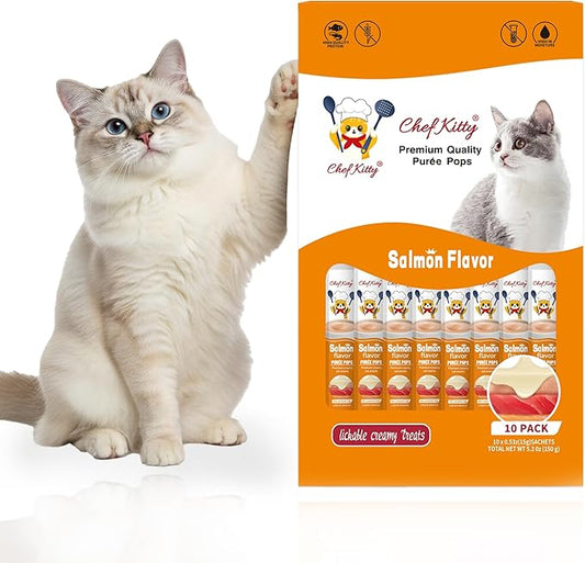 Chef Kitty Purée Pops, Cat Treats, Grain-Free, Lickable, Squeezable Creamy Cat Treat/Topper with Vitamin E & Taurine, 0.5 Ounces Each Tube, 10 Tubes, Salmon Flavor