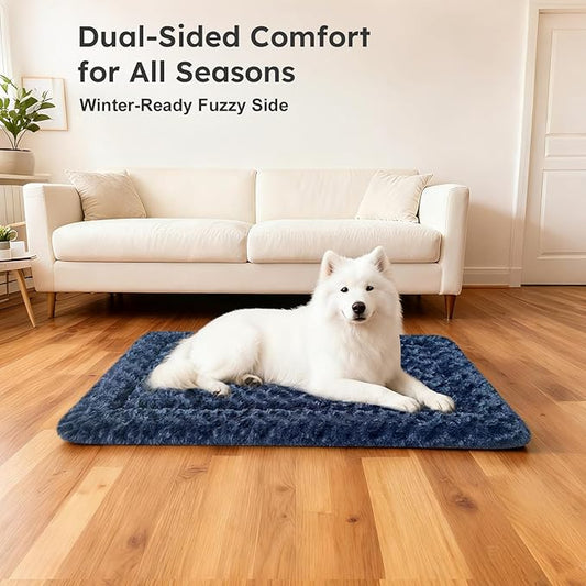 Dog Bed Mat, Dual-Sided Dog Crate Bed Mat - Ultra Soft & Machine Washable Kennel Pad for Small Dogs, All-Season Comfort Pet Bed for Crates, Travel, and Home, Dark Blue 24 x 16 Inch