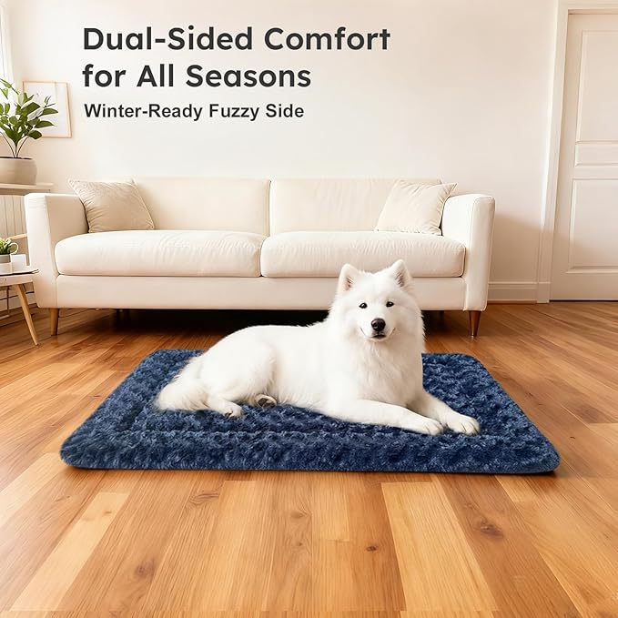 Dog Bed Mat, Dual-Sided Dog Crate Bed Mat - Ultra Soft & Machine Washable Kennel Pad for Medium Dogs, All-Season Comfort Pet Bed for Crates, Travel, and Home, Dark Blue 30 x 18 Inch