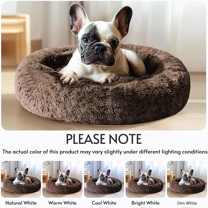 JOLLYVOGUE Small Dog & Cat Beds for Indoor Cats, Donut Cuddler Warming Soft Dog Beds with Anti-Slip Bottom, Round Calming Fluffy Plush Faux Fur Cushion Bed for Small Dogs (20", Coffee)