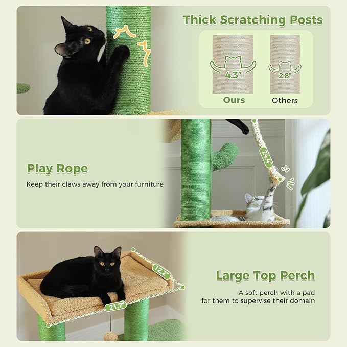 XXL Cactus Cat Tree, 67" Heavy Duty Cat Tower for Indoor Cats Large Adult with 13 Thick Scratching Posts (φ4.3), Large Perch, Spacious Condo & Big Hammock - for Maine Coon up to 20 lbs, Green