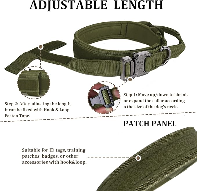 Tactical Dog Collar with Handle - Military Adjustable Dog Training Collar Soft Nylon and Heavy Duty Metal Buckle for Medium Large Dogs - with Patch (Green, X-Large)