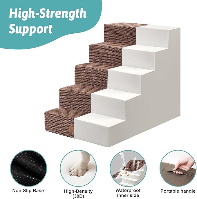 Dog Stairs for Small Dogs, 5 Tier Wider Pet Stairs for High Beds, 23.6" H Non-Slip Dog Steps for Old Cats, Puppies, Small Medium Dogs, 19.7x29.5x23.6 inch, Brown