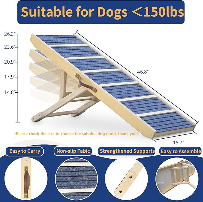 Dog Ramp for Large Dogs to Get on Bed - 47" Extra Long Adjustable Pet Ramp for Bed Couch Car, Folding Wood Dog Ramp for Older Dogs, Portable Dog Stairs Ramp for Indoor Use, 150lbs Capacity