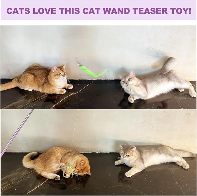 ZeyZoo Cat Toys for Indoor Cats, 11PCS Interactive Cat Toy Wand Pack, 2 Retractable Cat Wand & 7PCS Worm Teaser Refills, Plush Fish Kitten Toys, Cat Feather Fishing Pole Toy for Play Chase Exercise