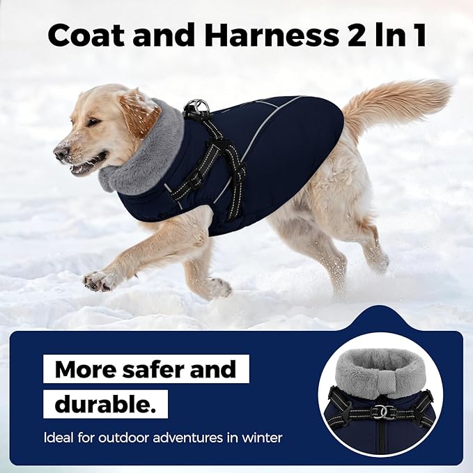 Queenmore Dog Jackets for Large Dogs,Dog Coat with Harness Built in,Waterproof Dogs Coats with Zipper On Back,Warm Fleece Lining Cold Weather Pet Coats with Furry Collar for Labrador,NavyBlue,XL