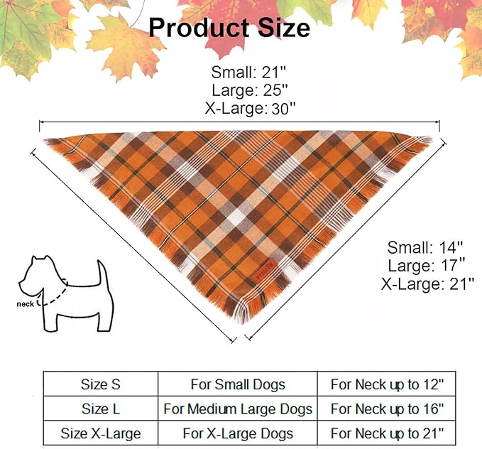 PTDECOR Fall Dog Bandanas with Tassels Edges, 2 Pack Orange Plaid Scarf Bib, Halloween Thanksgiving Pet Bandana, Reversible Triangle Bandanas for Extra Large Dogs (X-Large)