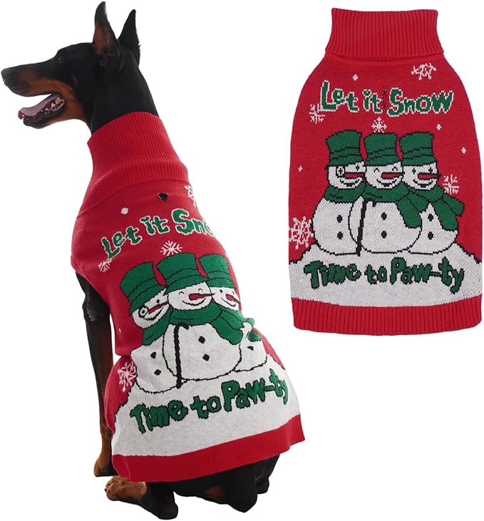 IECOii Christmas Dog Sweater for Large Dogs Girl Boy, Xmas Dog Turtleneck with Leash Hole, Sleeveless Easy On Festive Dogs Sweater Holiday Snowman Snowflake Pattern for Christmas Photos, Red, XXL