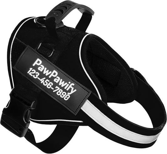 PawPawify Custom No Pull Dog Harness with Name and Phone Number, Heavy Duty Personalized Pet Vest to Prevent Tugging, Pulling, or Choking, Training and Walking (New Black, XS (Chest 14-17in))