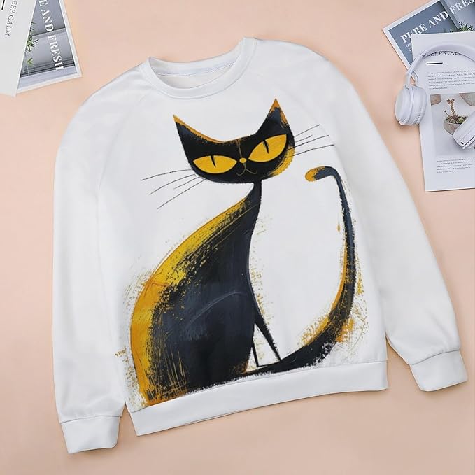 Biacolum Long Sleeve Shirts for Women Mid Century Retro Style Atomic Cat 3D Graphic Sweatshirts Fall Crewneck Pullover Top