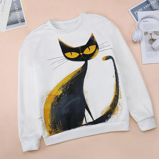 Biacolum Long Sleeve Shirts for Women Mid Century Retro Style Atomic Cat 3D Graphic Sweatshirts Fall Crewneck Pullover Top