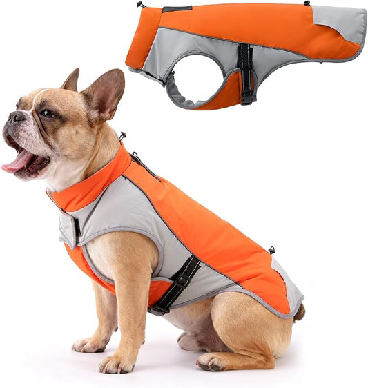 Dog Winter Coat - Waterproof Cold Weather Coat with Thick Padding, Windproof Dog's Snow Jacket with Neck & Tail Drawstrings, Reflective Dog Jacket - Small Pet Coats, Orange & Gray M