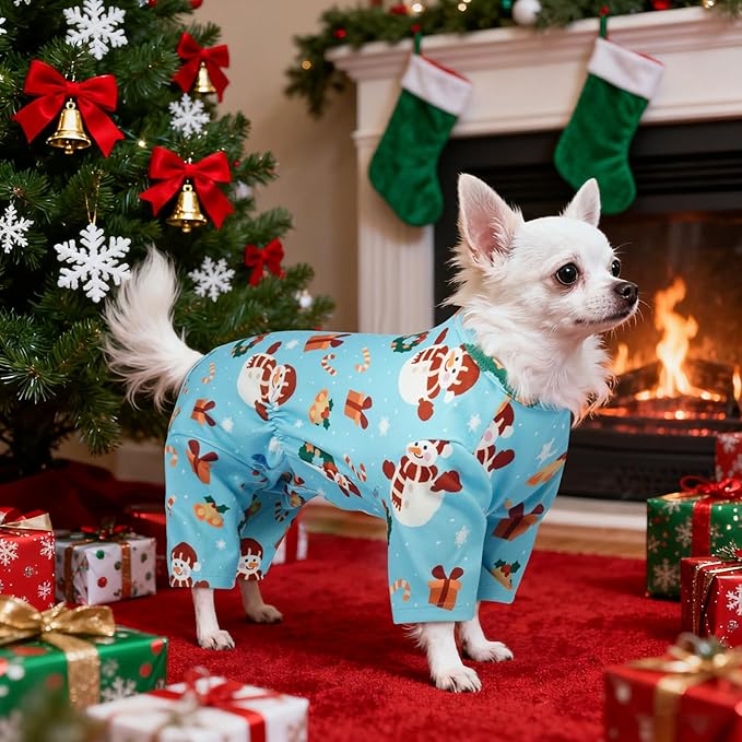 XXS Puppy Chihuahu Christmas Pajamas - 4-Leg Long Sleeve Dog Onesie | Warm, Soft & Breathable Pjs for Sleeping, Cute Xmas Prints Suit for Indoor Comfort & Shedding Control, Blue