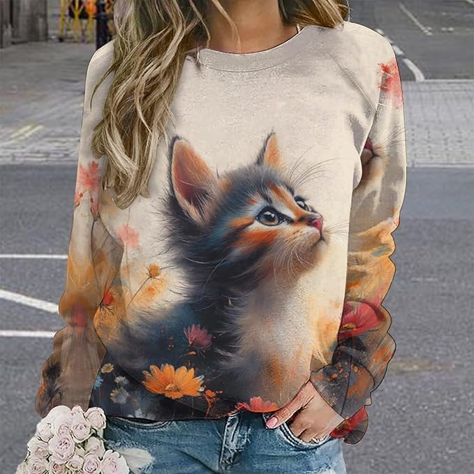 Womens novelty funny cat printed crewneck sweatshirt casual loose long sleeve graphic pullover sweatshirts tops