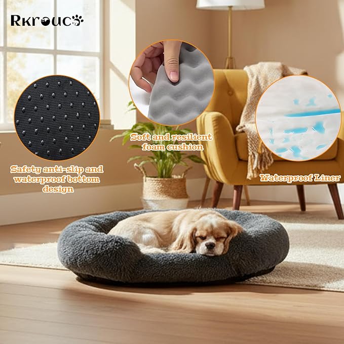 Fluffy Dog Bed Calming Donut Beds for Large Dogs Warming Round Small Medium Pet Nest Cozy Cat Mattress Indoor Washable Puppy Kennel Kittens Sleep Mat (S, 23.6×23.6 inch, Dark Gray)