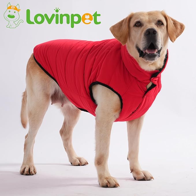 LovinPet Reversible Dog Puffer Coat for Medium & Large Dogs, Down‑Insulated Winter Jacket, Water‑Resistant & Wind‑Resistant, Anti‑Static, Dual-Sided Black & Red for Cold Weather,L