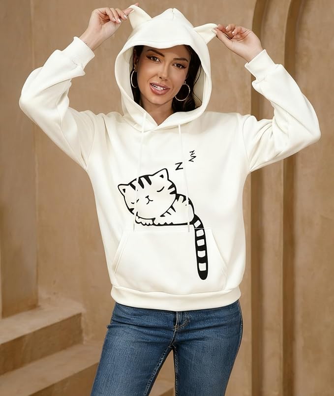 Women Girl Hoodies Cute Cat Ear Novelty Printed Pullover Sweatshirt