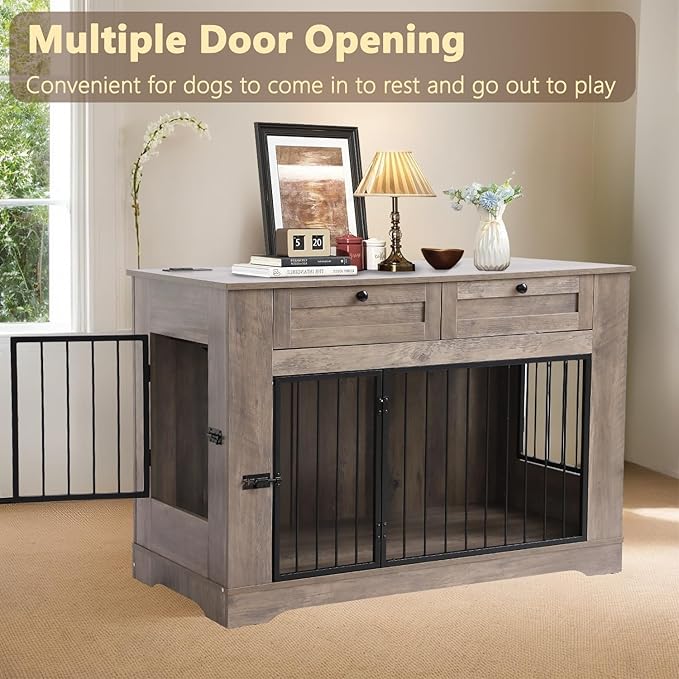 Large Dog Crate Furniture-Decorative Heavy Duty Dog Cage Indoor, Wooden Dog Cage End Table with Charging Station, Dog House with 2 Drawers (Gray, 47.2''L)