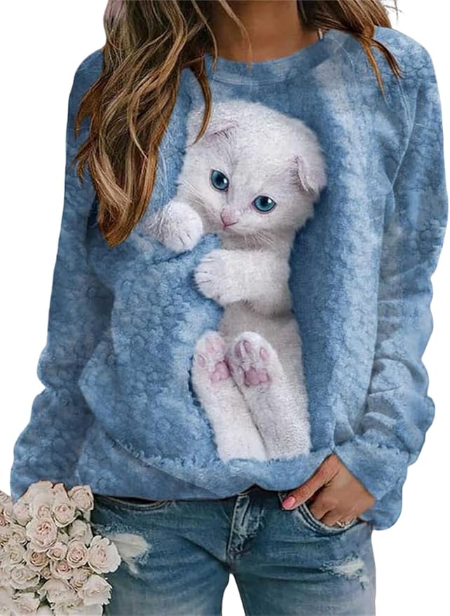 IVERIRMIN Women's 3D Cute Cat Print Sweatshirt Casual Long Sleeve Crewneck Cute Cat Pullover Loose Fit Shirts