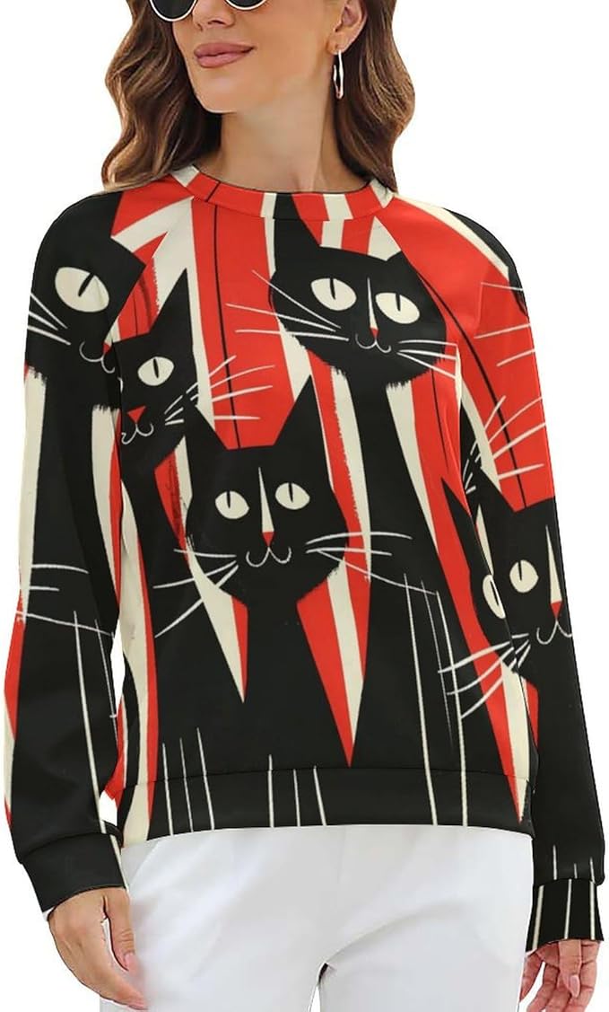 Biacolum Long Sleeve Shirts for Women Mid Century Retro Style Atomic Cat 3D Graphic Sweatshirts Fall Crewneck Pullover Top