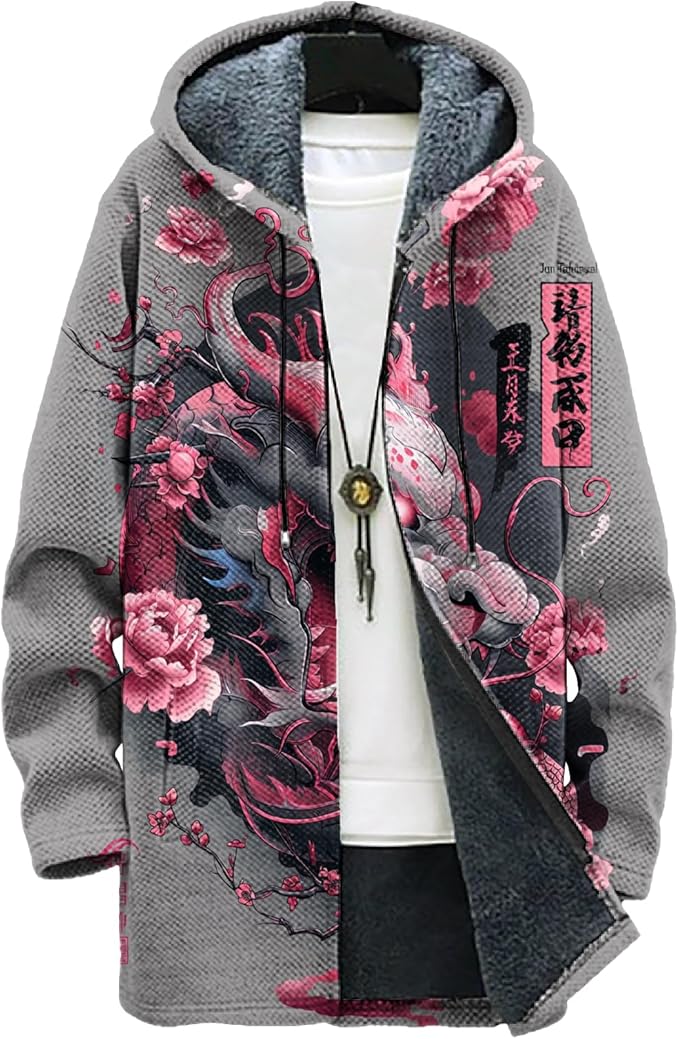 MARSVOVO Cool Hippie Long Cardigan Hoodies for Men Zipper Fleece Lined Knit Coat Skull Animal Print Graphic Jackets