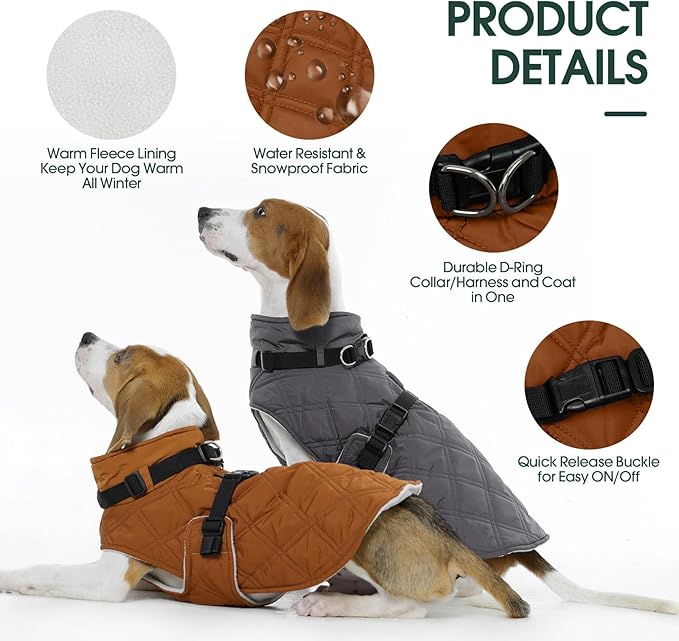 Kuoser Dog Coat Warm Fleece Lining Turtleneck Dog Jacket with Harness Built-in, Windproof Cold Weather Coats with Quick Release Buckle Pet Winter Snowsuit for Extra Large Dogs Great Dane, Khaki 3XL