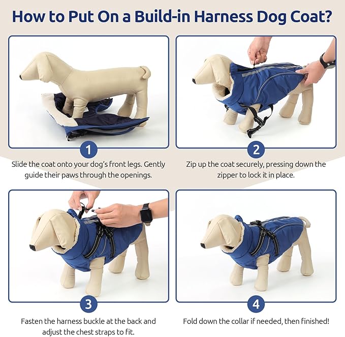 Dog Winter Coat with Harness Built in Warm Puffer Dog Jackets for Small Medium Large Dogs Windproof Waterproof Outfit with Plush Lining and Reflective Stripes (Blue, 3XL)