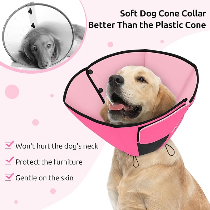 Queenmore Dog Cones for Large Dogs, Soft Dog Cone for Large Breeds, Cone for Dogs After Surgery, Adjustable Elizabethan Collar for Pet to Prevent Licking Wounds, Pink L