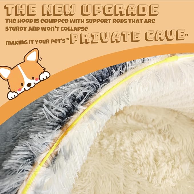 Hooded with Supports Dog Bed,Deluxe Plush Dog Cave Bed for Medium Small Dogs Cats Under 22 lbs/10kg, Warming Cozy Soft Faux Fur Donut Pet Bed,Removable Washable Cover and Anti Slip Bottom