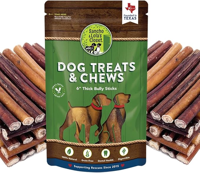 Supreme 6-inch Thick Bully Sticks by Sancho and Lola’s (10 Pack) All-Natural, Long-Lasting Dog Chew Treats - Free-Range, Grass-Fed Beef - Low Odor