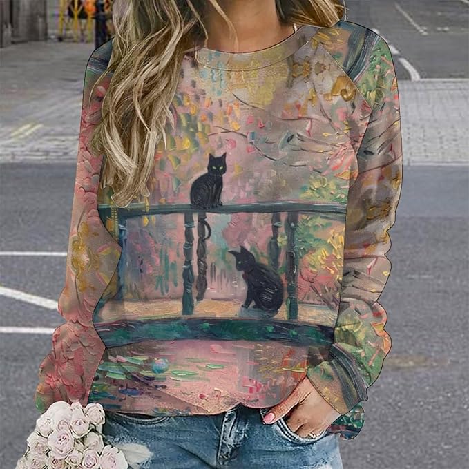 Womens novelty funny cat printed crewneck sweatshirt casual loose long sleeve graphic pullover sweatshirts tops