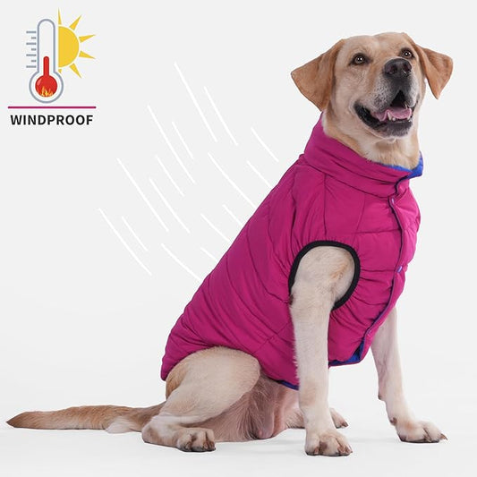 LovinPet Reversible Dog Puffer Coat for Medium & Large Dogs, Down‑Insulated Winter Jacket, Water‑Resistant & Wind‑Resistant, Anti‑Static, Dual-Sided Blue & Red for Cold Weather, 2XL