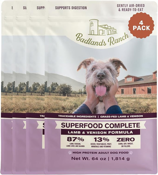 BADLANDS RANCH by Katherine Heigl- Superfood Complete, Air-Dried Adult Dog Food - High Protein, Zero Fillers, Superfood Nutrition (64 Ounce (Pack of 4), Lamb & Venison)
