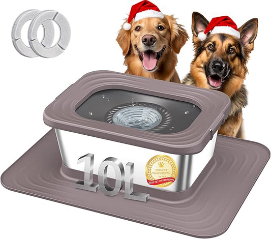 Decflow 10L Stainless Steel Dog Water Bowl, No Spill Anti-Splash Dog Bowls with XXL Silicone Mat, Spill-Proof Slow Feeder for Messy Drinkers, Heavy Duty Pet Bowls for Indoor/Outdoor Use