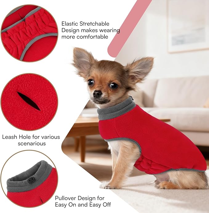 Queenmore Dog Sweater, Soft Fleece Vest Dog Jacket with Elastic Stretchable,Warm Turtleneck Pullover Design for Boy Girl Pet, Dachshund,Doggie,Cat,Kitten Chihuahua Bulldog Pug Beagles (Red, XL)
