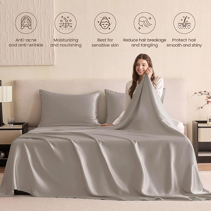 THXSILK Silk Sheet Set 5Pcs, 6A+ Top Grade 100% Pure Mulberry Silk Bed Sheets, Ultra Soft Durable Bedding Sets Safe Material, 2 Fitted Sheet, 1 Flat Sheet and 2 Pillowcases (Split King, Grey)