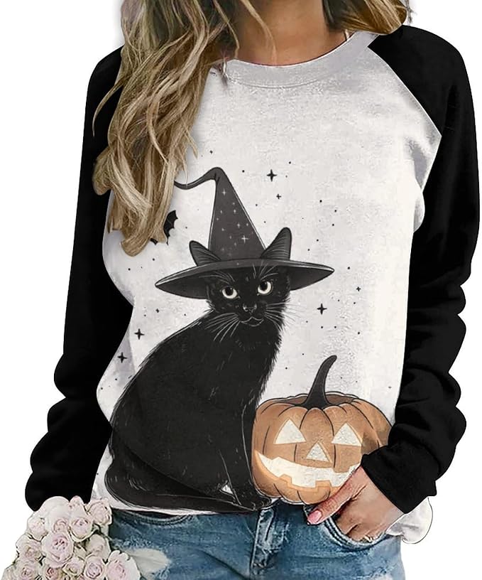 Womens novelty funny cat printed crewneck sweatshirt casual loose long sleeve graphic pullover sweatshirts tops