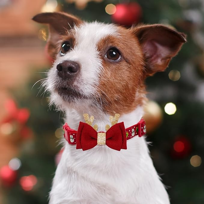 azuza Christmas Pet Collar Adjustable Xmas Dog Collar with Christmas Antler Bow tie Accessories Snowman Dog Collar for Puppy and Small Dogs