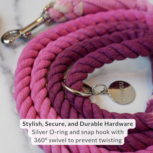 DJANGO Cotton Rope Dog Leash 5ft – Handcrafted Dog Leash and Purple Ombre Braided Leash for Small, Medium, and Large Dogs – Durable 5 Foot Training Lead with Silver Hardware – Raspberry Purple