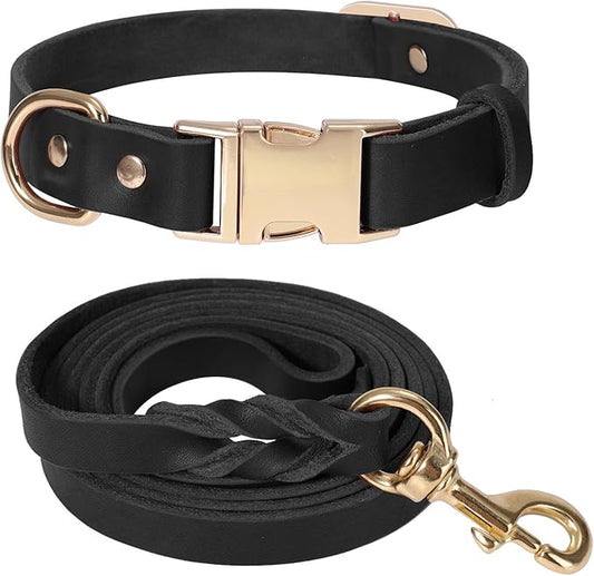 LWBMG 6FT Leather Dog Collar and Leash Set, Heavy Duty Dog Leash and Collar with Metal Buckle, Adjustable Pet Collar Set, Soft Puppy Leash and Collar Set for Medium Large Dogs Black