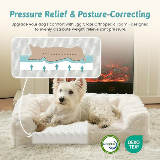 Faux Fur Orthopedic Dog Bed, Dog Bed for Medium Size, Supportive Foam Pet Sofa with Waterproof Lining Cover, Washable U-Shaped Pet Couch with Anti-Slip Bottom, Beige M 30x20x6.5 inch