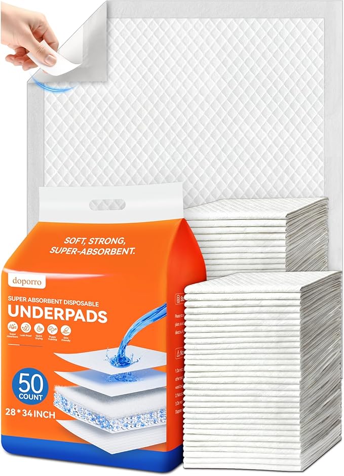 Large Disposable Underpads for Incontinence (28"x34", 50 Count), 6-Layer Absorbent Bed Pads for Adults & Elderly, Leak-Proof Dog Pads with Sticky Tape, Breathable & Quick Dry
