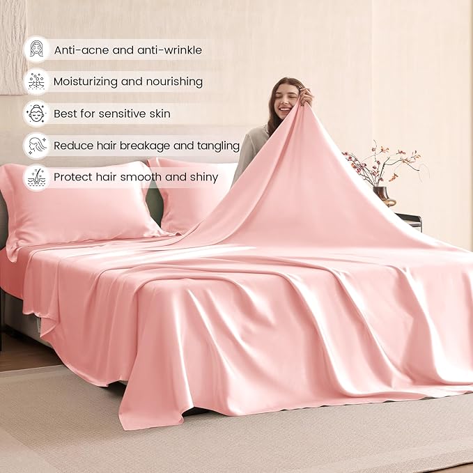 THXSILK Silk Sheet Set 4Pcs, 6A+ Top Grade 100% Natural Mulberry Silk Bed Sheets, Luxury Bedding Sets Ultra Soft Durable, 1 Fitted Sheet, 1 Flat Sheet and 2 Pillow Shams (King, Charming Pink)
