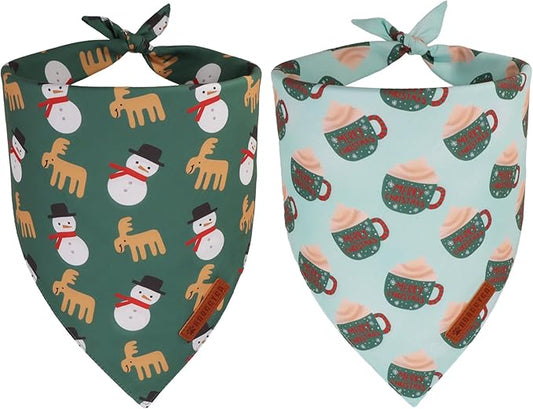 ADOGGYGO Green Christmas Dog Bandana, Snowman Reindeer Mug Pet Scarf, Adjustable Fit Merry Christmas Bandanas for Extra Large Dogs (X-Large)